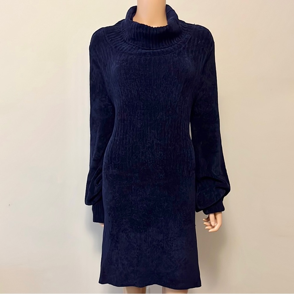 Free People NAVY Blue Velvety Turtle Cowl Neck Open Back Knit MIDI Dress Large - Picture 2 of 11
